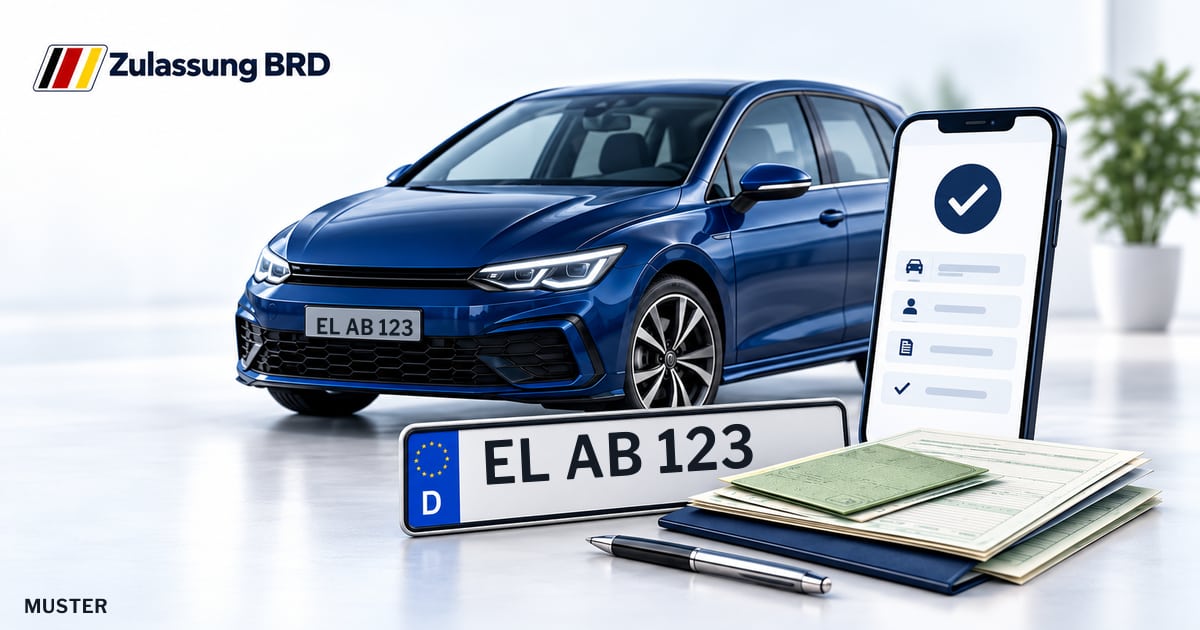 Online Fahrzeugzulassung in Geeste: Musterkennzeichen EL AB 123, Auto und Fahrzeugpapiere und Smartphone. Illustration mit Logo von Zulassung BRD.